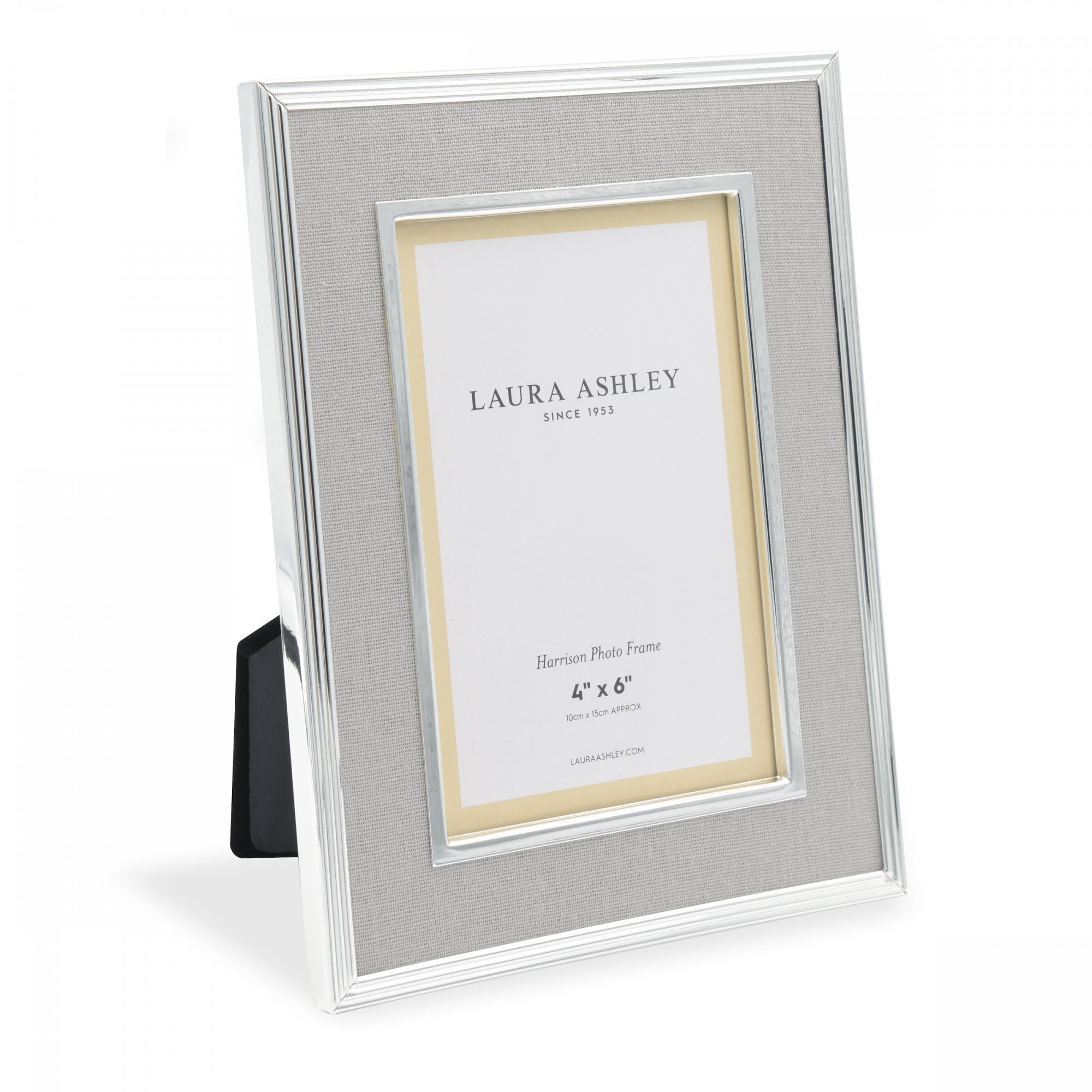 A 4x6 inch Laura Ashley photo frame in champagne color on a white background.