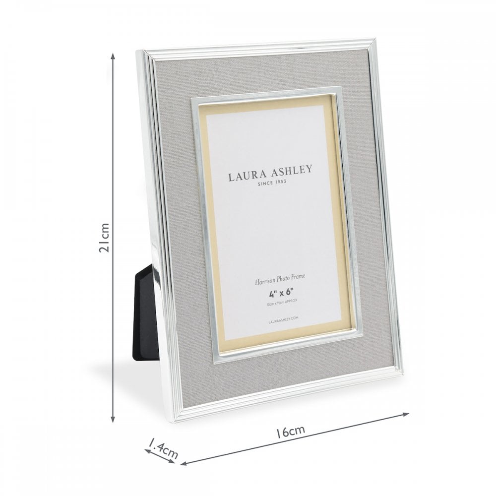 Dimensions for a 4x6 inch Laura Ashley photo frame in champagne color are shown.