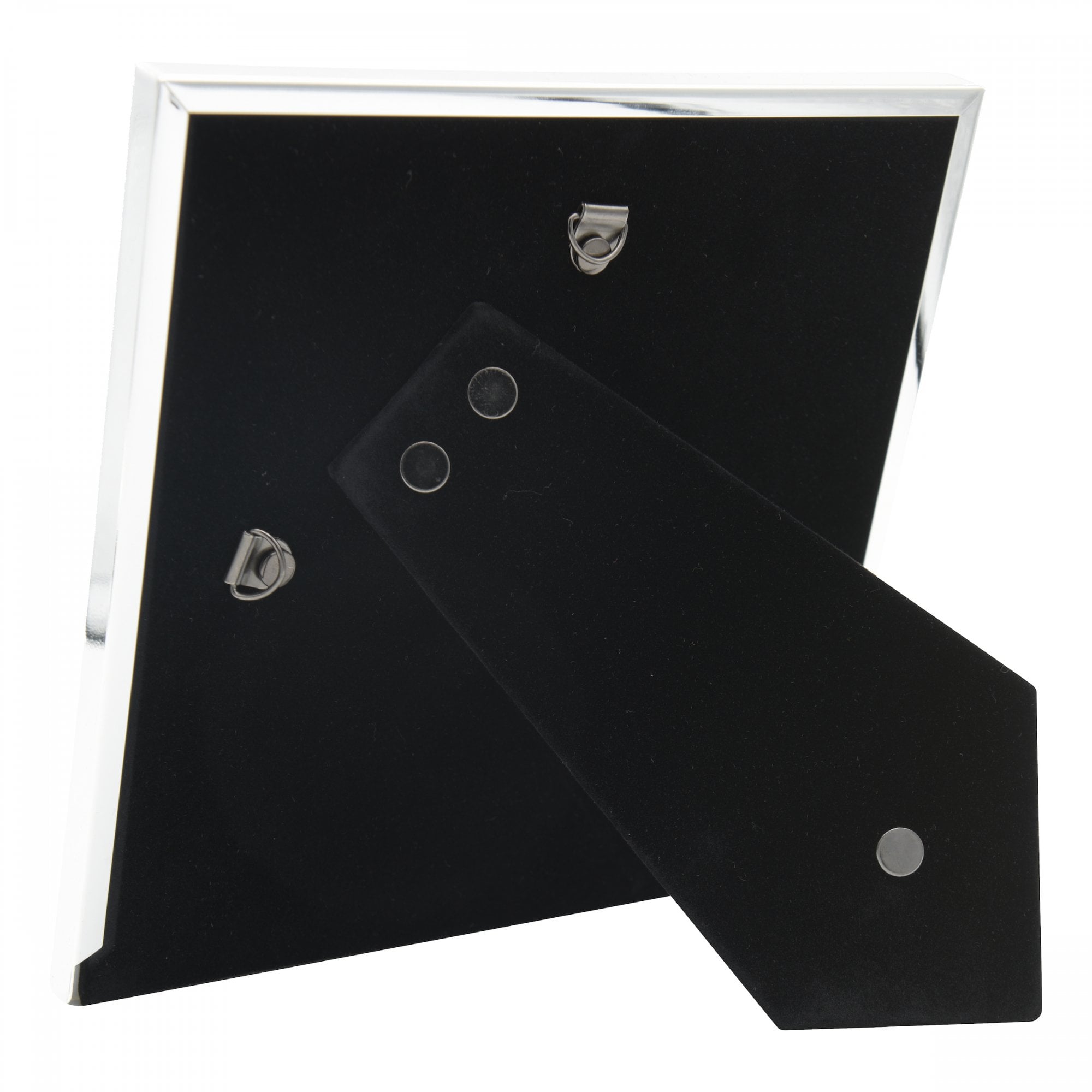 The rear view of a 4x6 inch Laura Ashley photo frame, showing the stand and hooks.