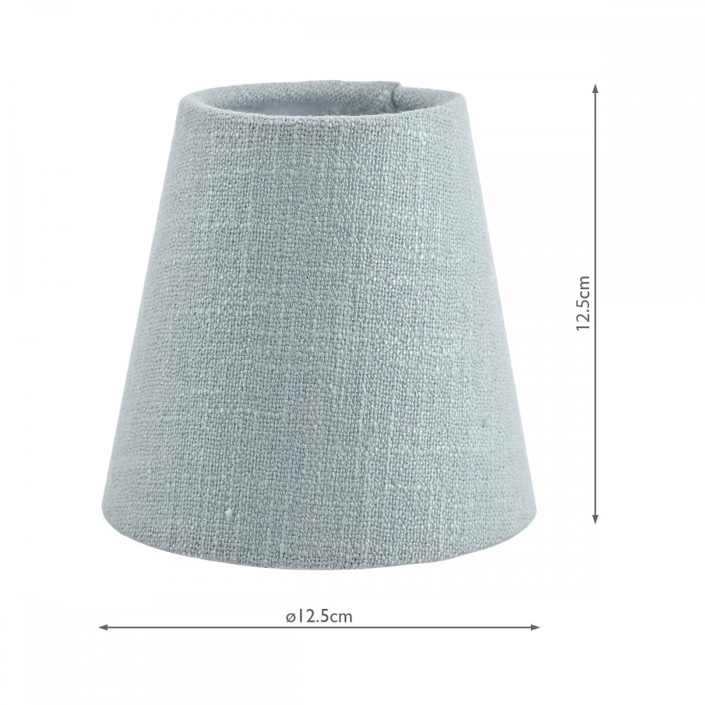 A small light blue fabric lamp shade with measurements of 12.5cm diameter and height.