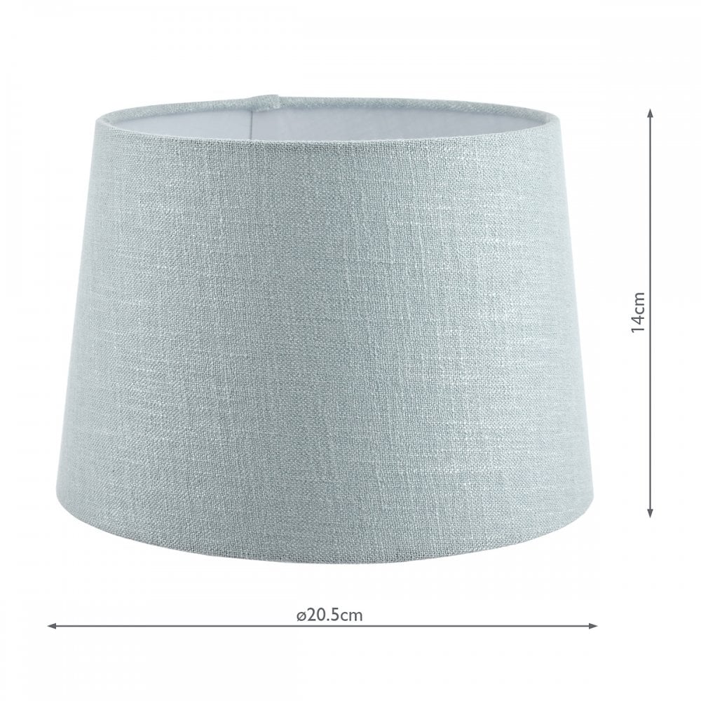 A medium light blue fabric lamp shade with measurements of 20.5cm diameter and 14cm height.