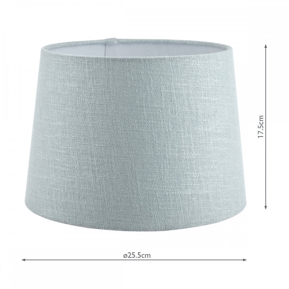 A large light blue fabric lamp shade with measurements of 25.5cm diameter and 17.5cm height.