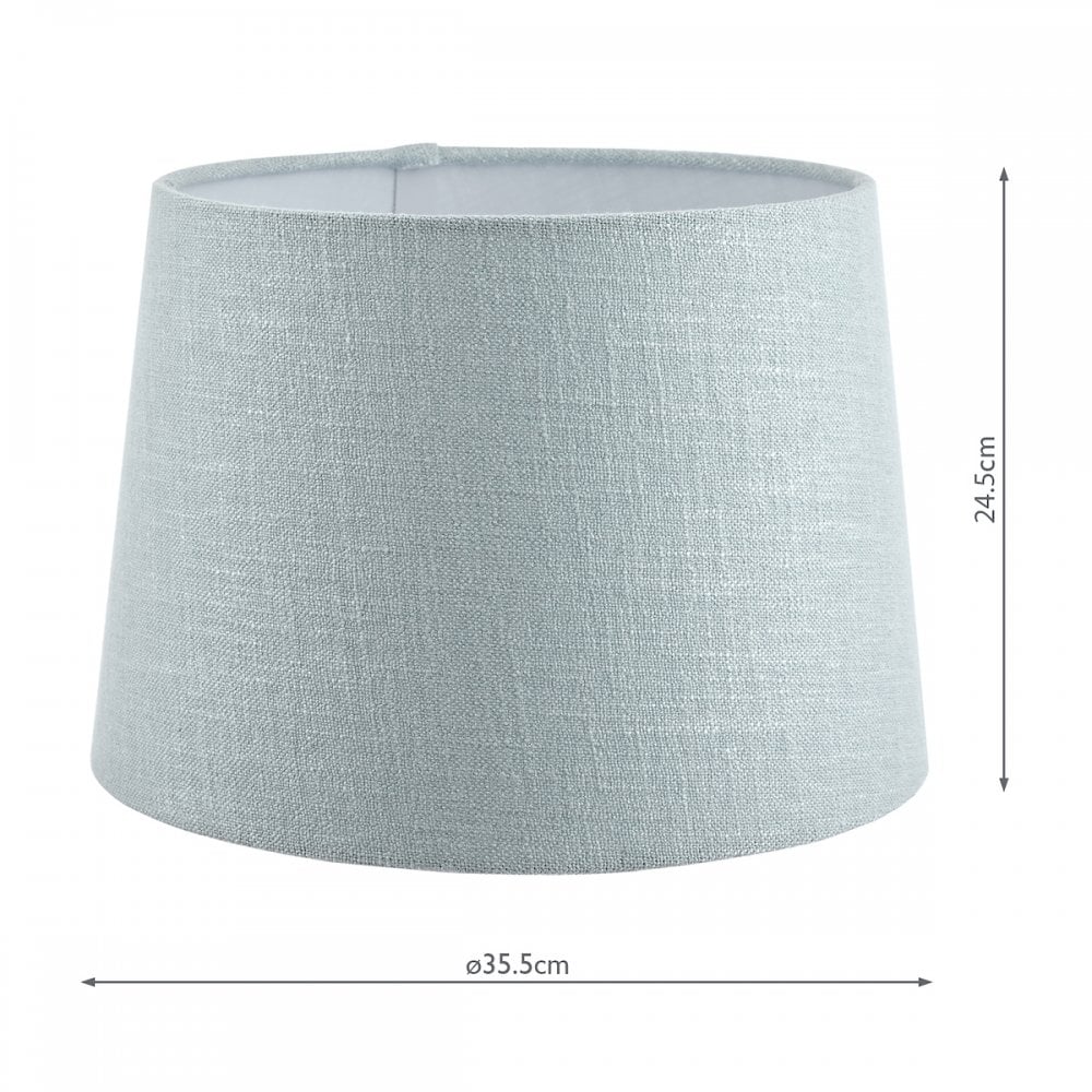 A grand light blue fabric lamp shade with measurements of 35.5cm diameter and 24.5cm height.