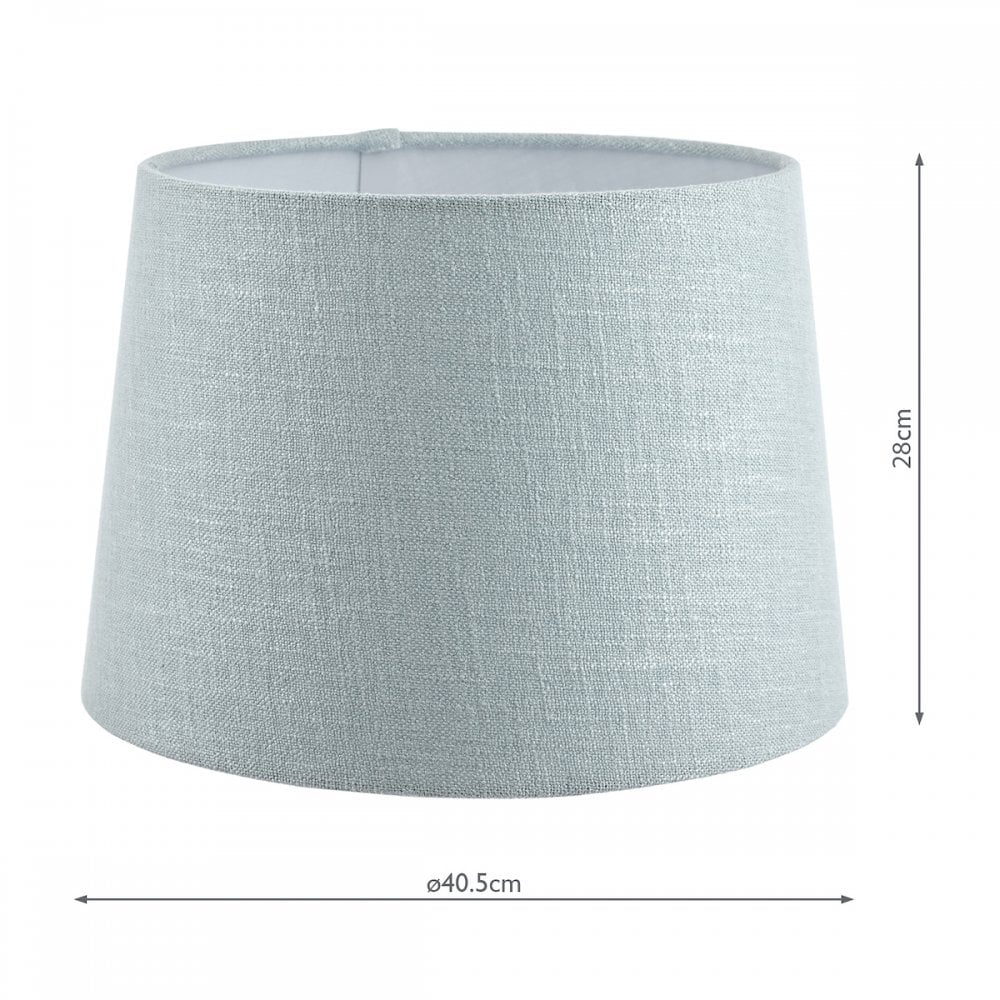 A monumental light blue fabric lamp shade measuring 40.5cm diameter and 28cm in height.