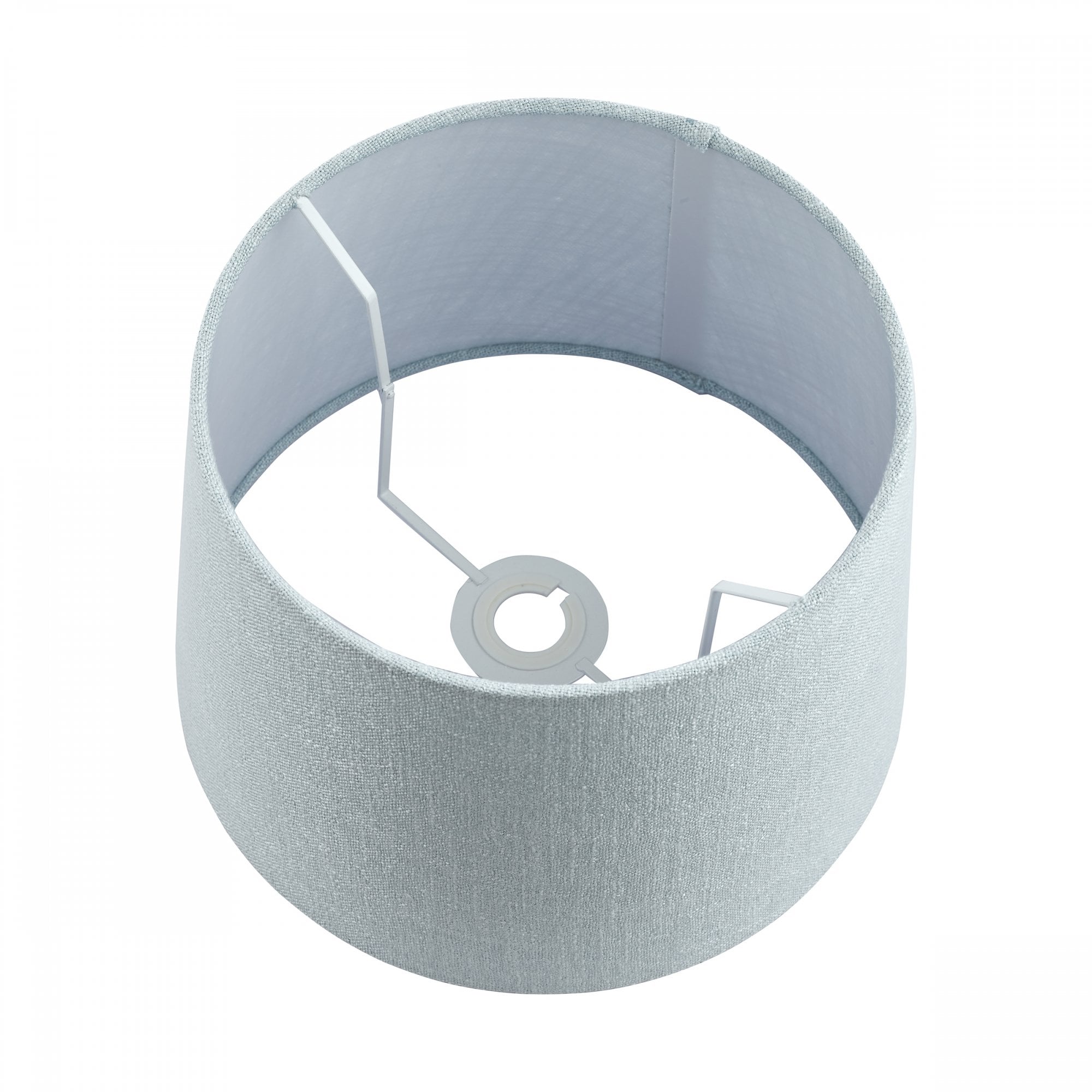 The interior of a monumental light blue fabric lamp shade, displaying its support structure.