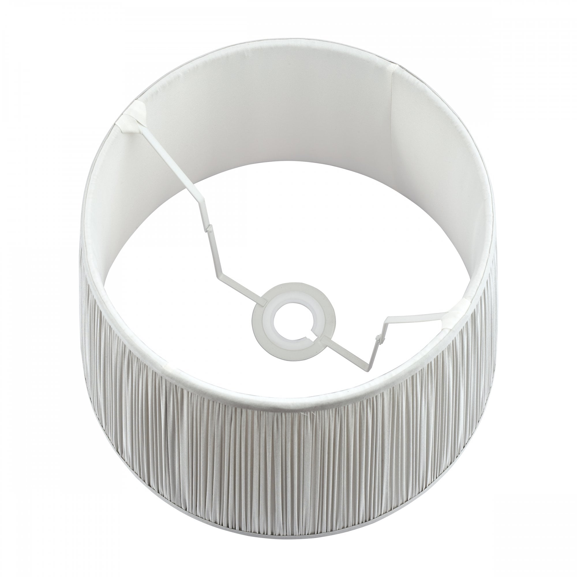 Top-down view of pleated soft grey lamp shade.