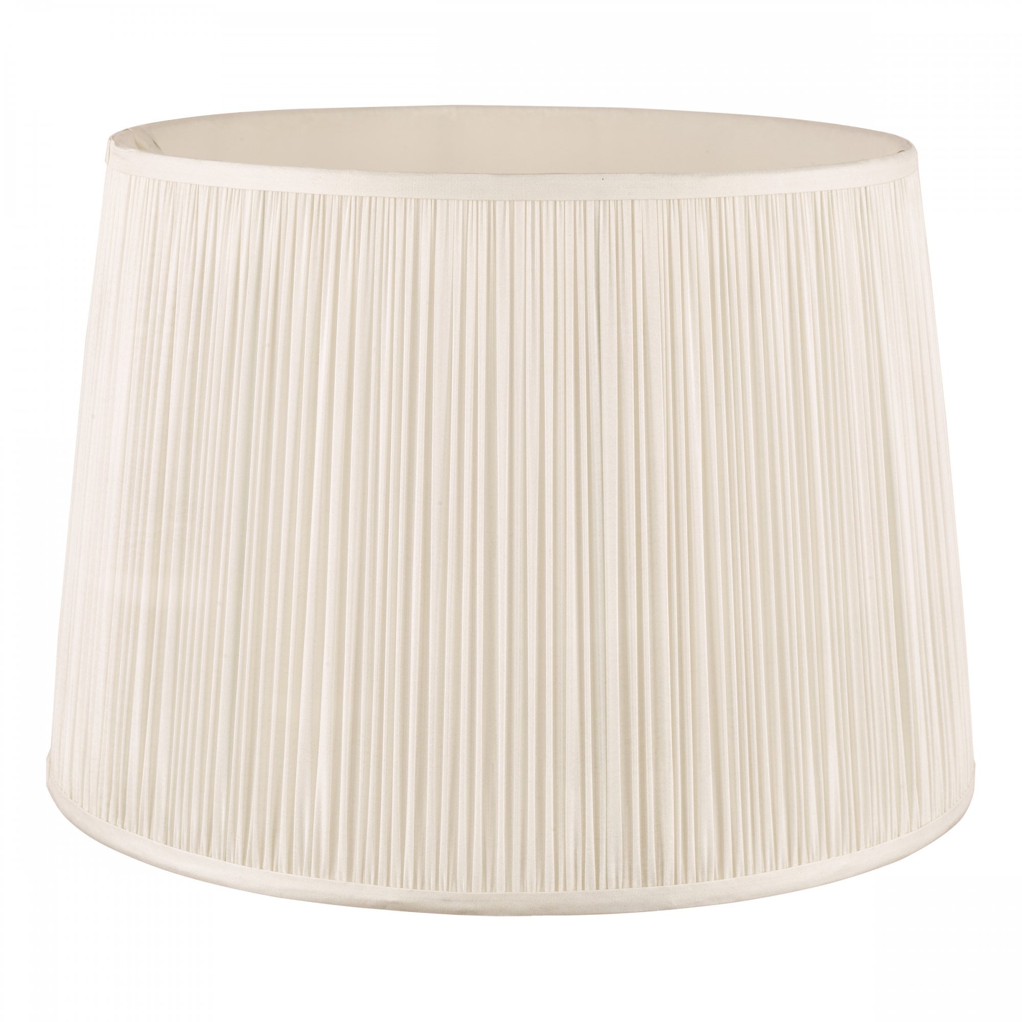 A pleated natural linen empire drum lampshade on a white background.