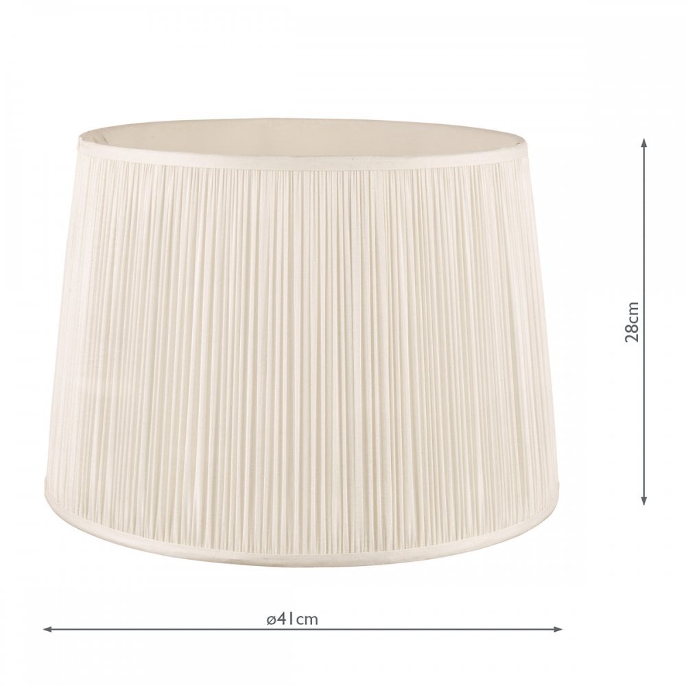 A pleated natural linen empire drum lampshade with dimensions indicated.