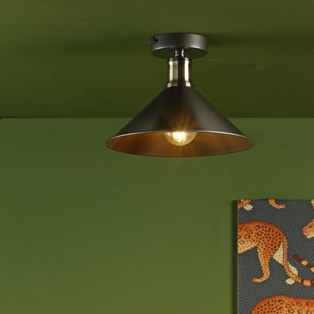 Black industrial flush mount light on a green ceiling, illuminating a room.