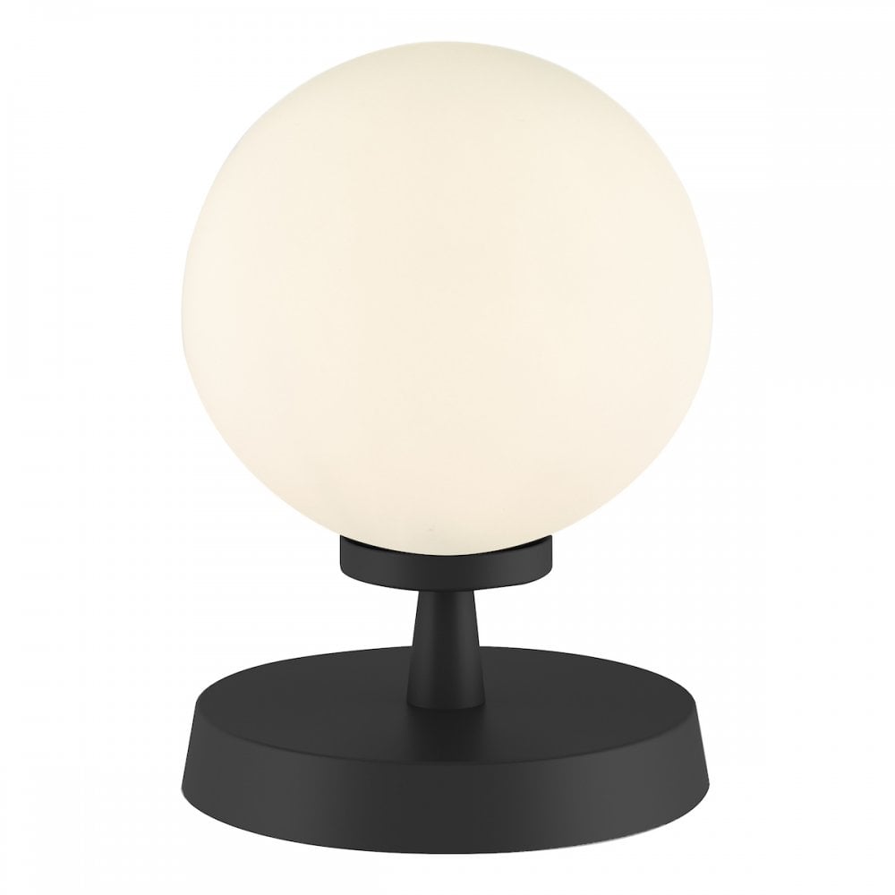A sleek, modern table lamp featuring a spherical opal glass shade on a black base.
