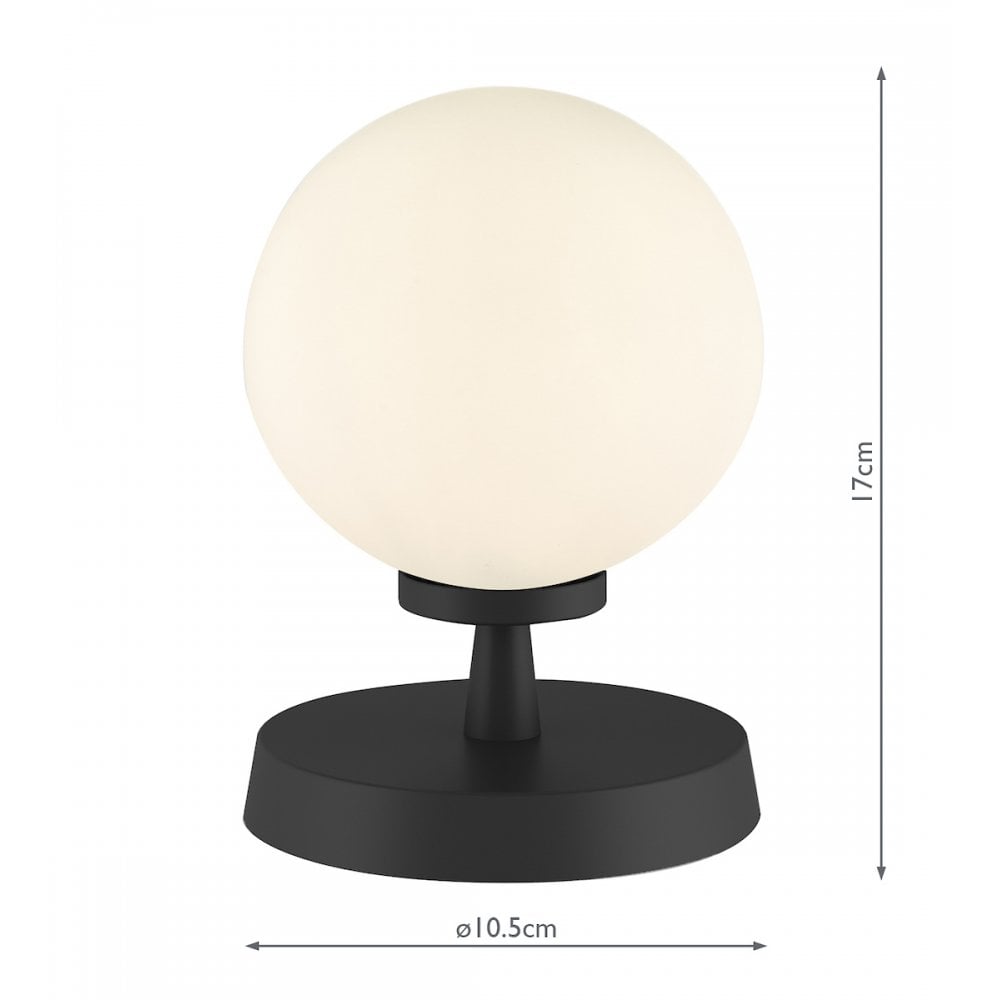A spherical table lamp with dimensions of 17cm height and 10.5cm diameter.