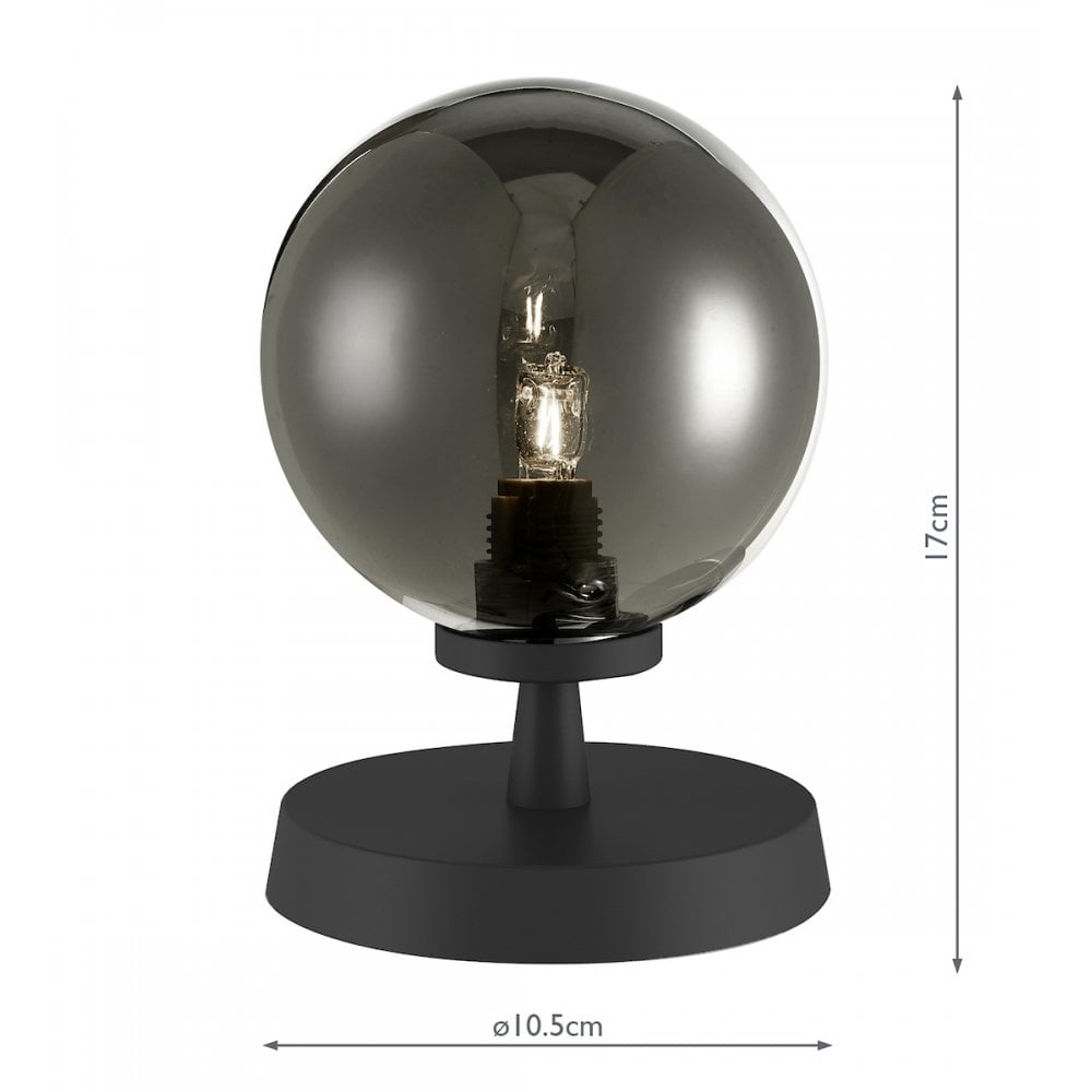 Table lamp with smoked glass sphere and visible bulb, showing dimensions of 17cm high and 10.5cm base.