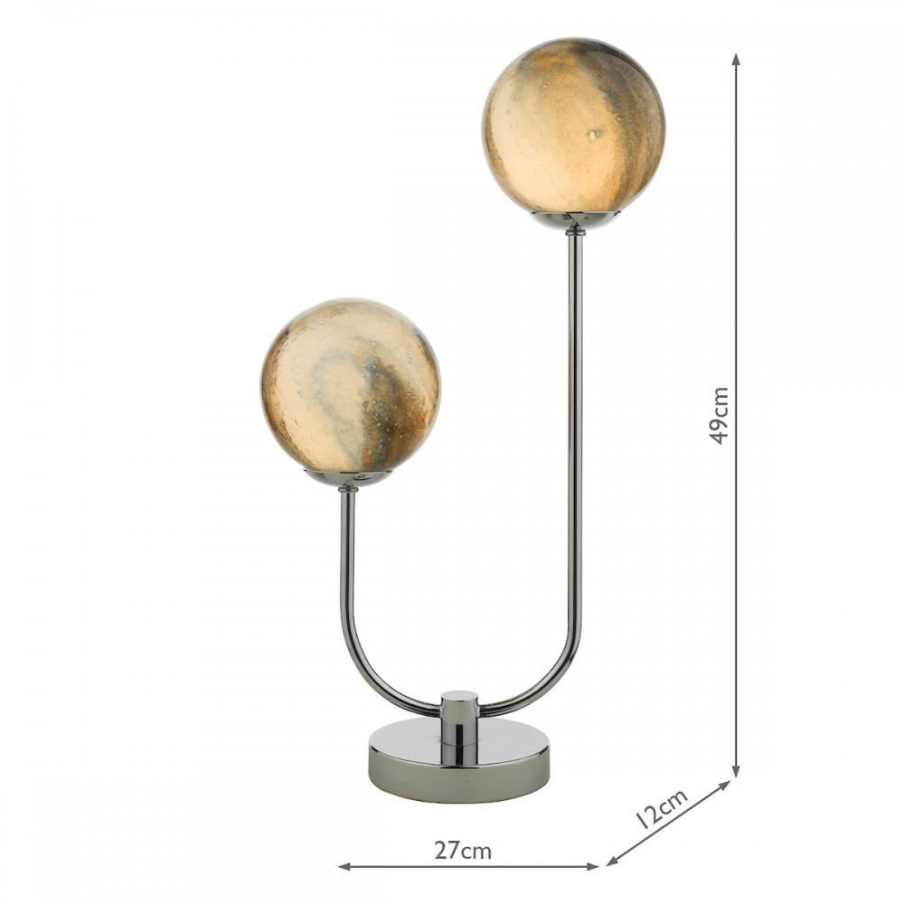 Table lamp with two spherical shades and measurements indicating its height and width.