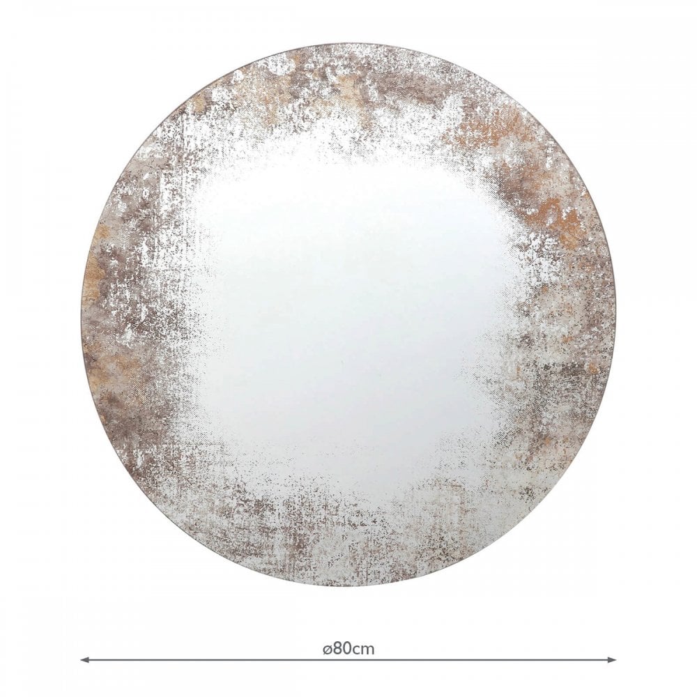 A round mirror with distressed silver and gold frame on a white background, showing 80cm diameter.