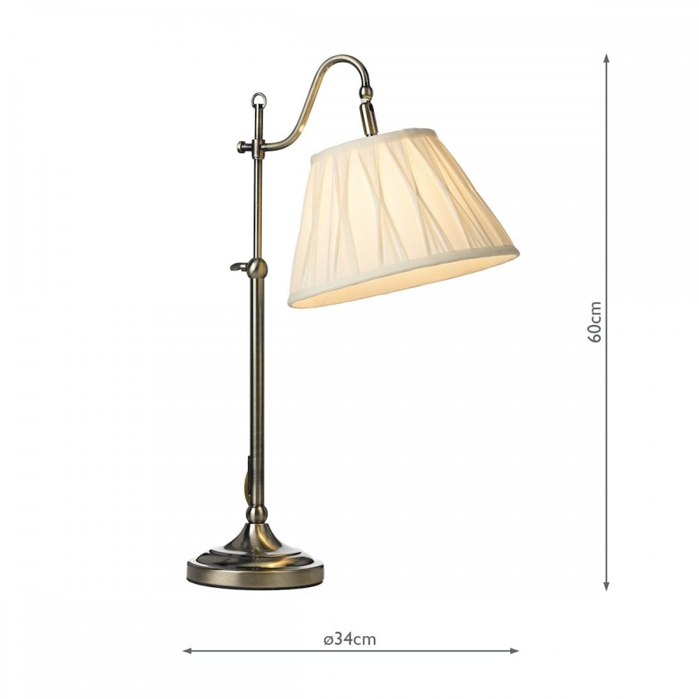 Dimensions of the antique brass table lamp, showing a height of 60cm and width of 34cm.