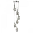 A modern six-light pendant fixture featuring chrome accents and grey glass shades.