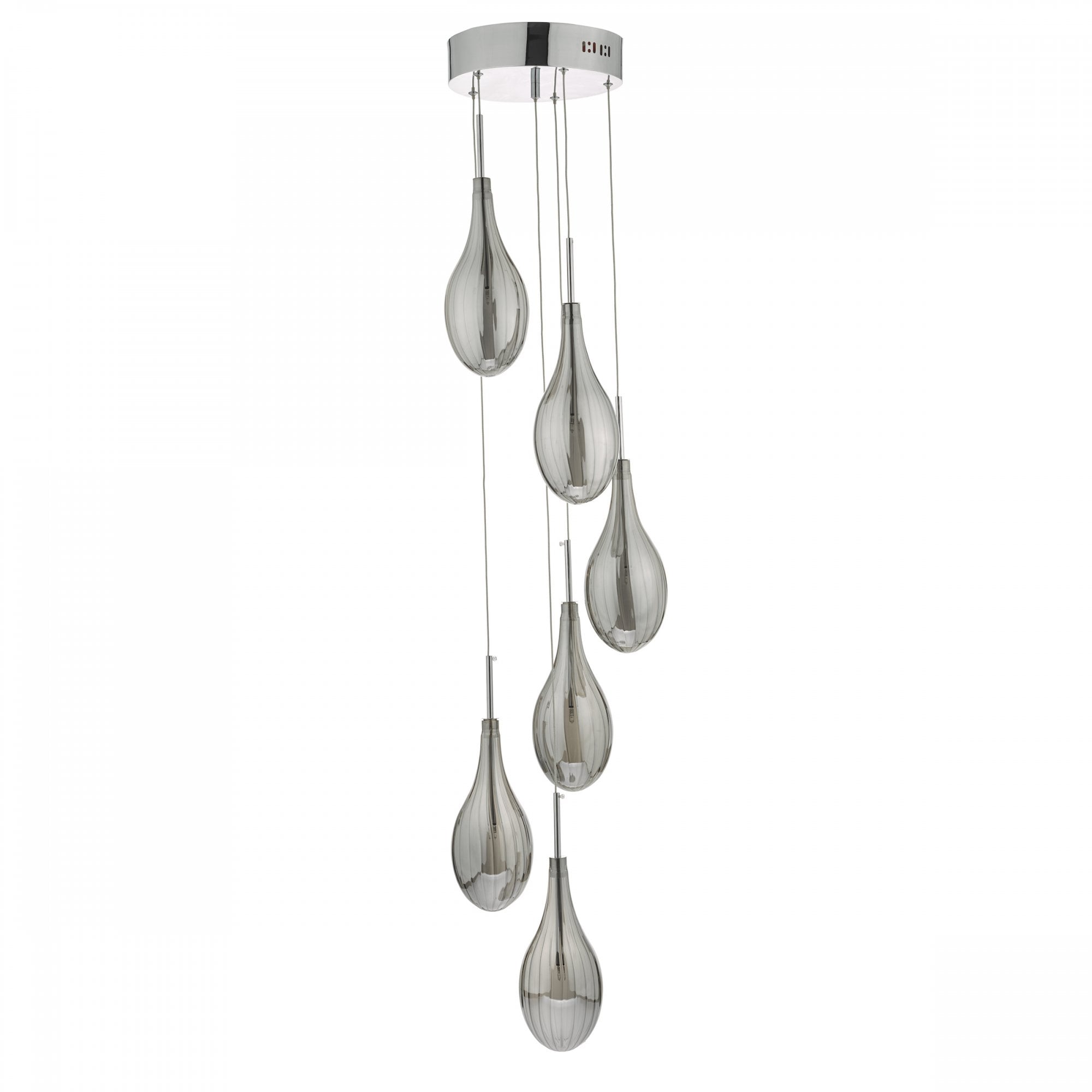 A modern six-light pendant fixture featuring chrome accents and grey glass shades.