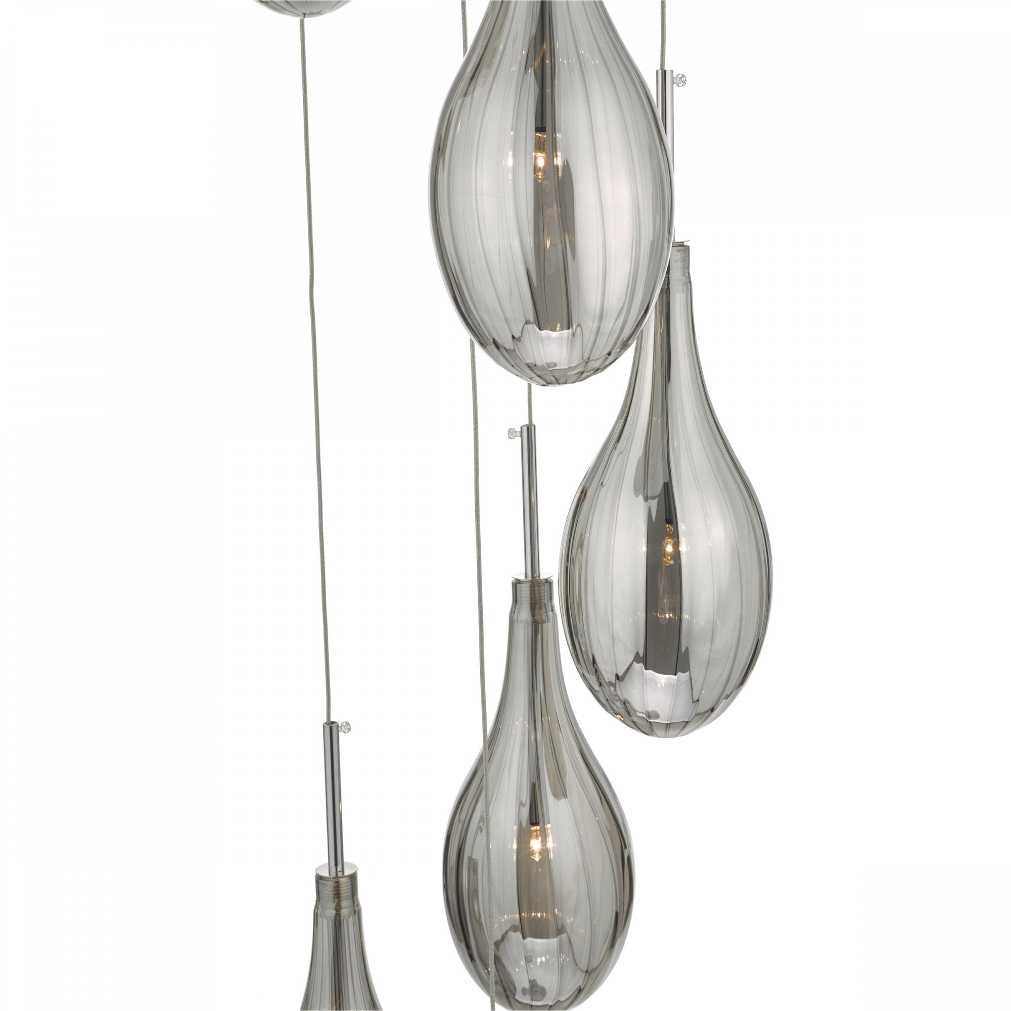 Close-up of the grey, ribbed, teardrop-shaped glass shades of a pendant light fixture.