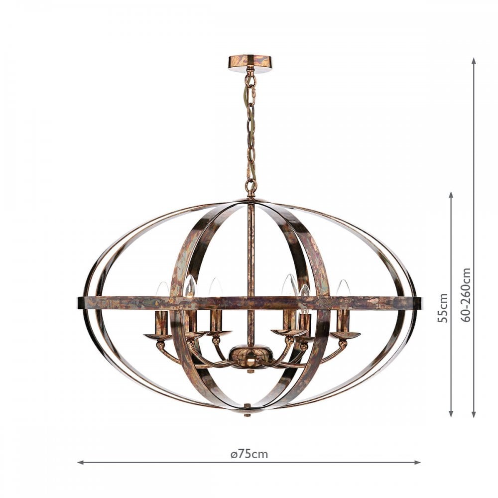 Diagram of the chandelier displaying its dimensions: 75cm width, 55cm height, and adjustable drop.