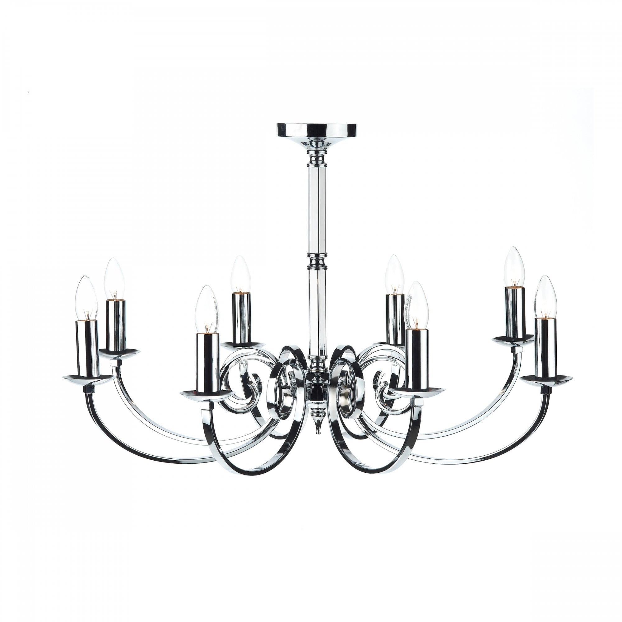 A silver chandelier with eight curved arms, each supporting an upward-facing candle bulb.