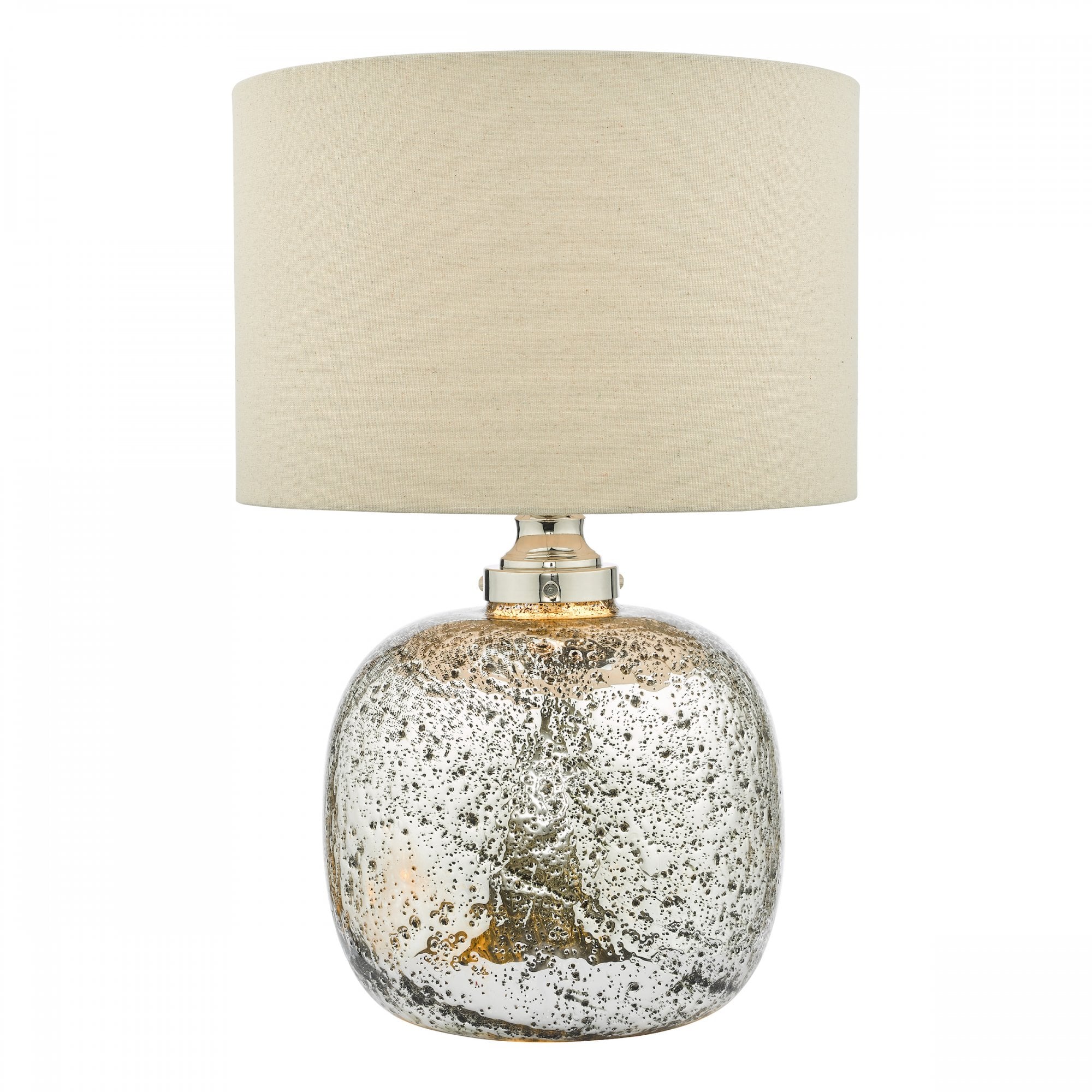 A mercury glass table lamp with a silver base and a white fabric drum shade.