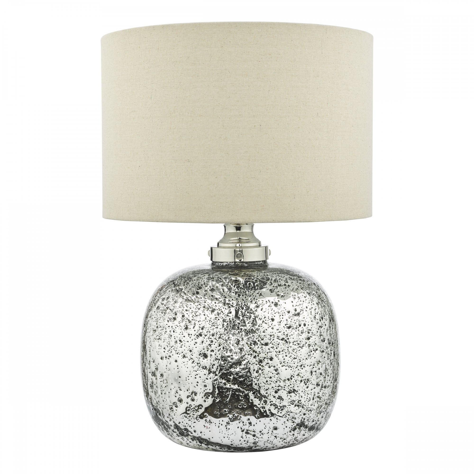 A mercury glass table lamp with a silver base and a white fabric drum shade.