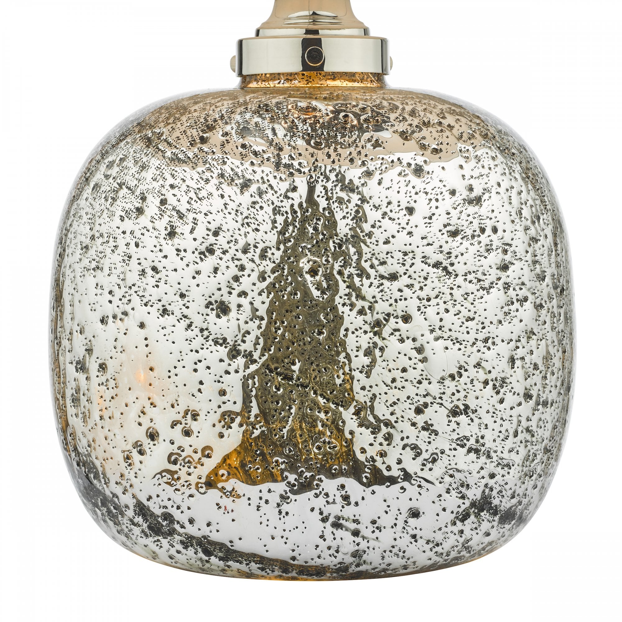 Close-up of the textured, speckled silver mercury glass base of a table lamp.