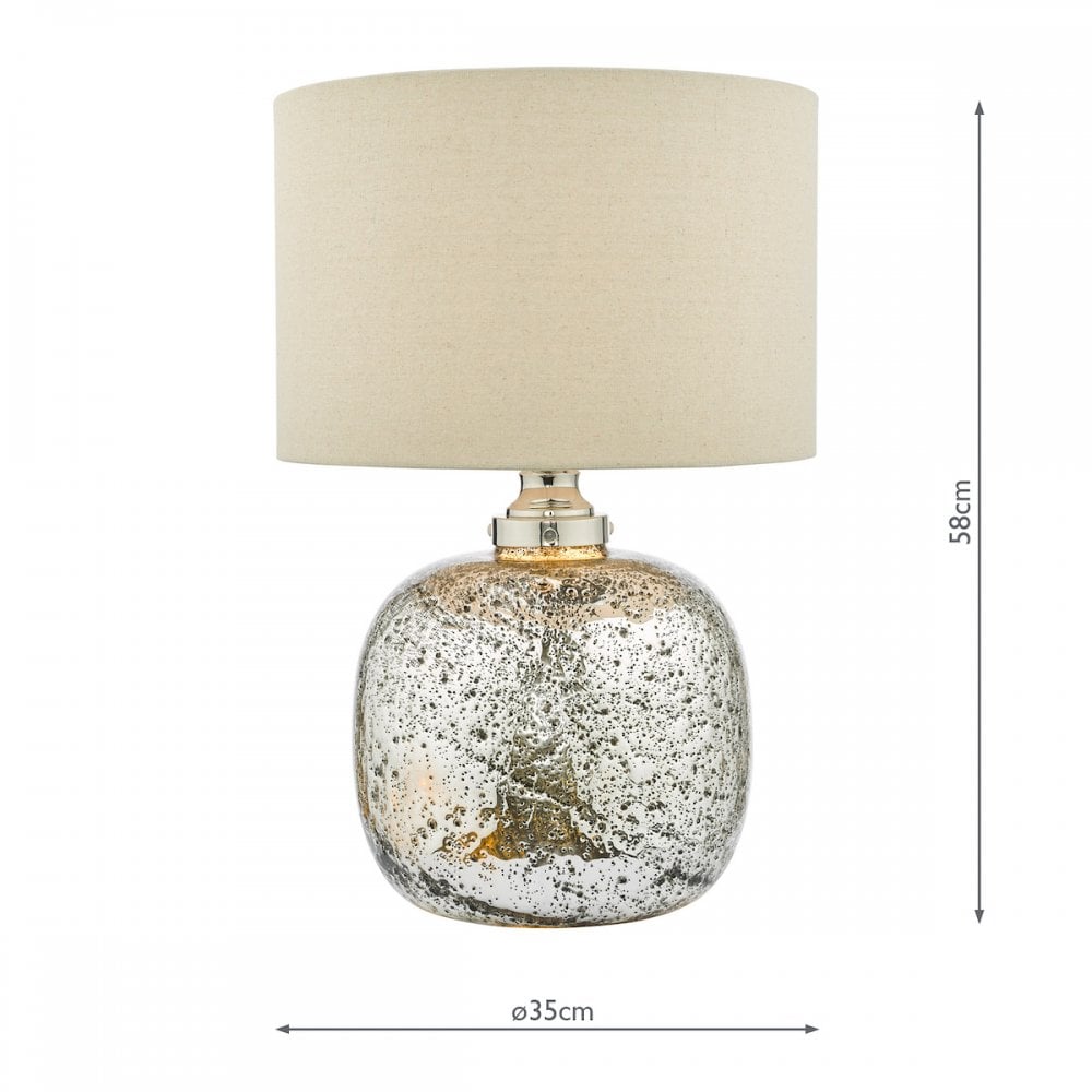 A mercury glass table lamp with silver base and white shade, showing height of 58cm, width of 35cm.