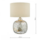 A mercury glass table lamp with silver base and white shade, showing height of 58cm, width of 35cm.