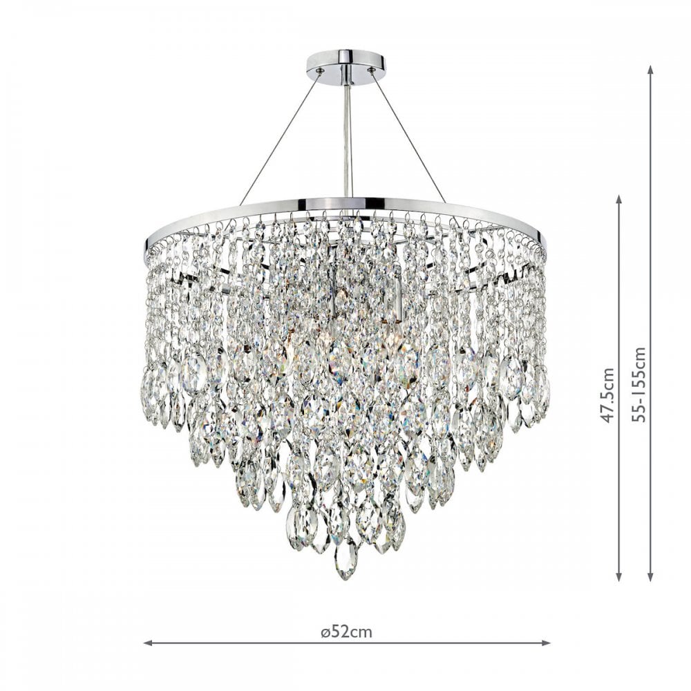 The chandelier with its dimensions, including a 52cm diameter and adjustable height.