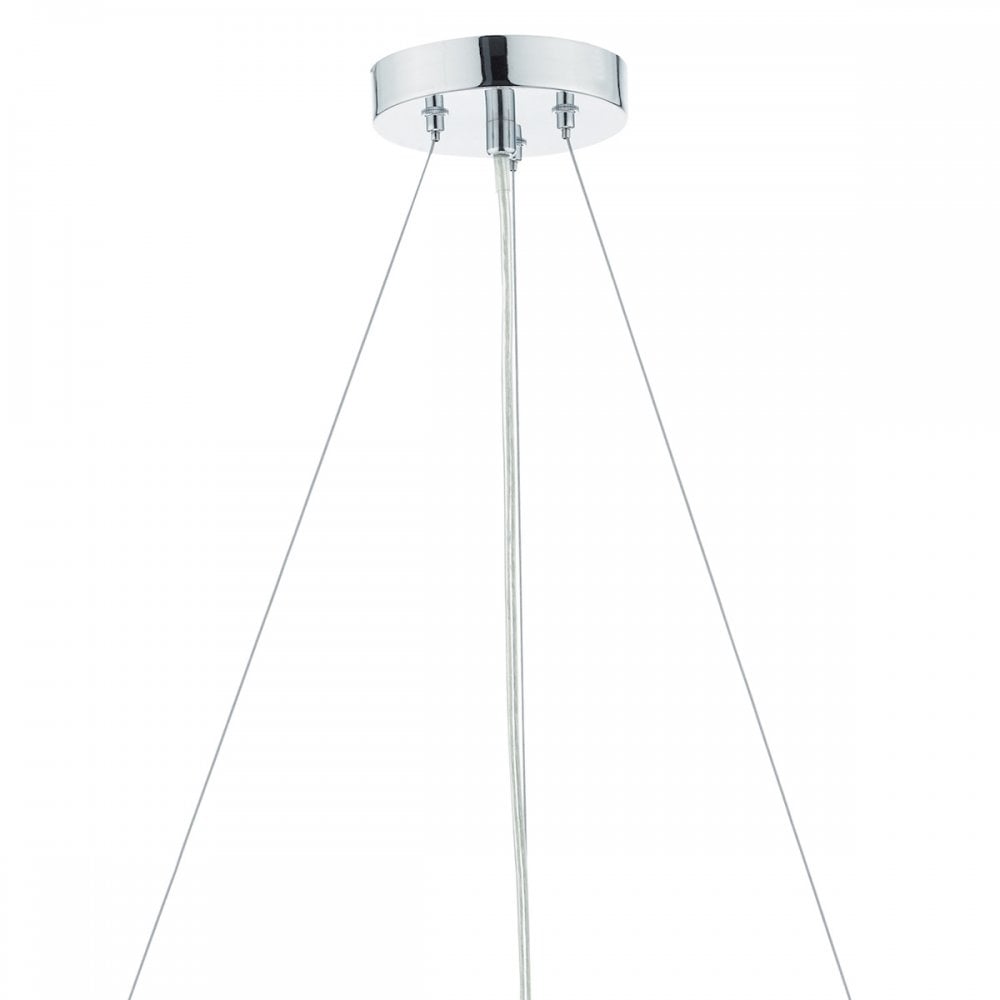 A close-up of the chrome ceiling rose and adjustable suspension wires of a pendant light.