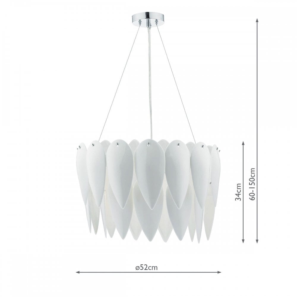 A diagram showing the dimensions of a white petal pendant light, including height and width.