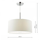A white drum pendant light with chrome fixture and dimensions, ideal for room lighting.