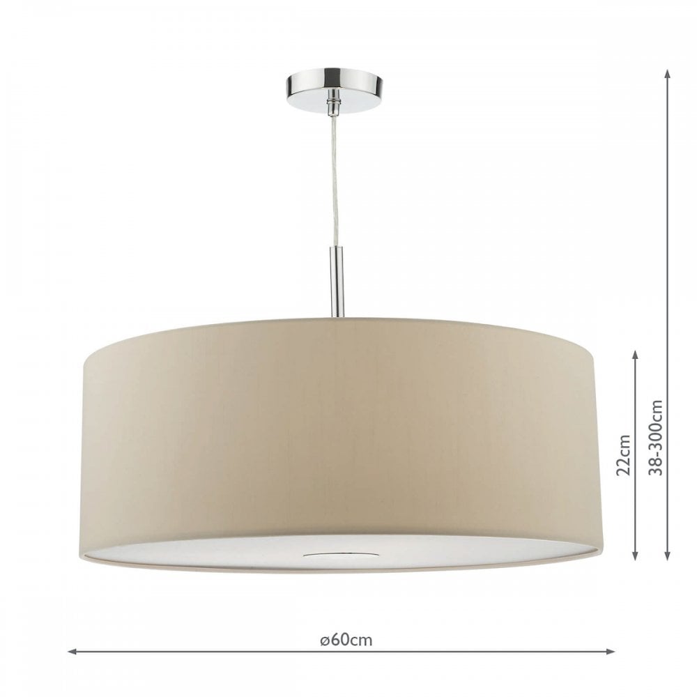 Beige fabric drum lampshade pendant light with dimensions: 60cm diameter, 22cm height.