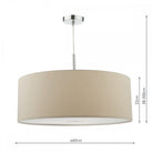 Beige fabric drum lampshade pendant light with dimensions: 60cm diameter, 22cm height.