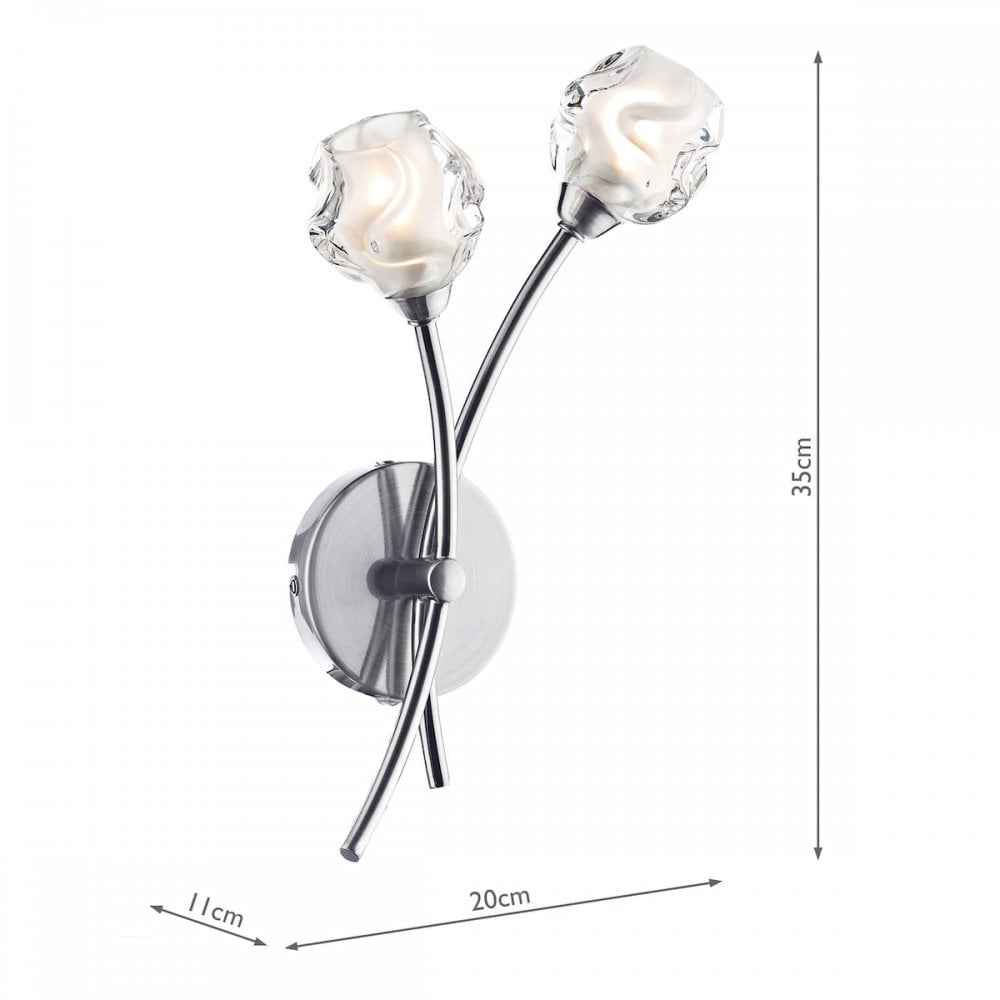 Dimensions of the chrome wall light with two glass shades: 35cm high, 20cm wide, 11cm deep.