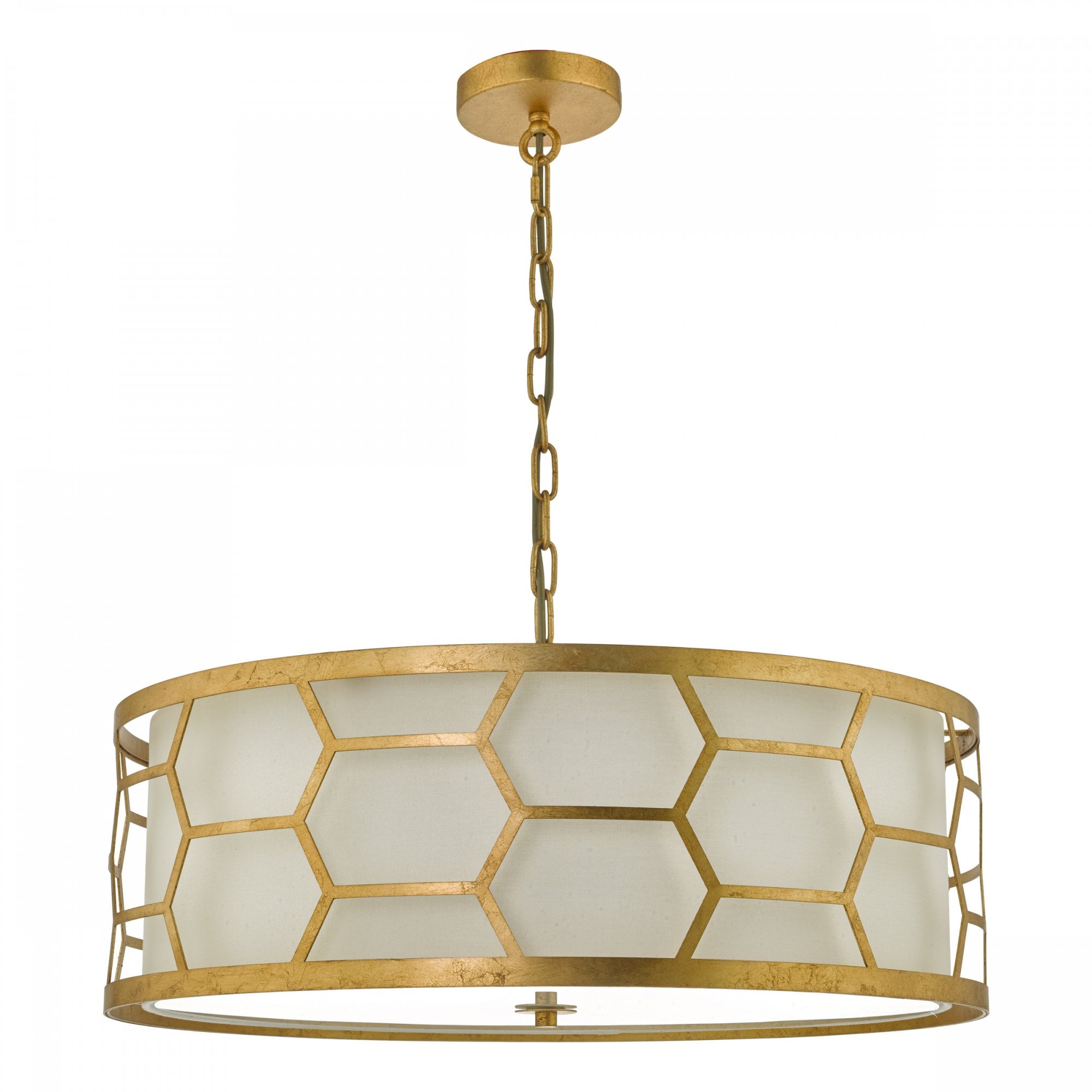 A round, gold chandelier with a honeycomb pattern and white diffuser.