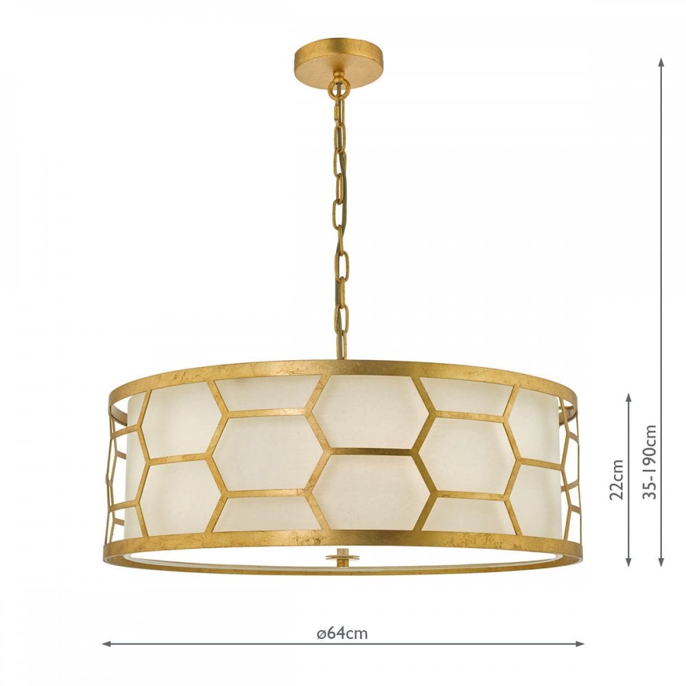 A gold honeycomb chandelier with dimensions: 64cm diameter, 22cm height, and 35-190cm drop.