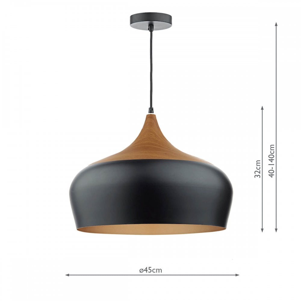 Black and wood pendant light with dimensions: 45cm diameter, 32cm height, 40-140cm drop.