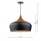 Black and wood pendant light with dimensions: 45cm diameter, 32cm height, 40-140cm drop.