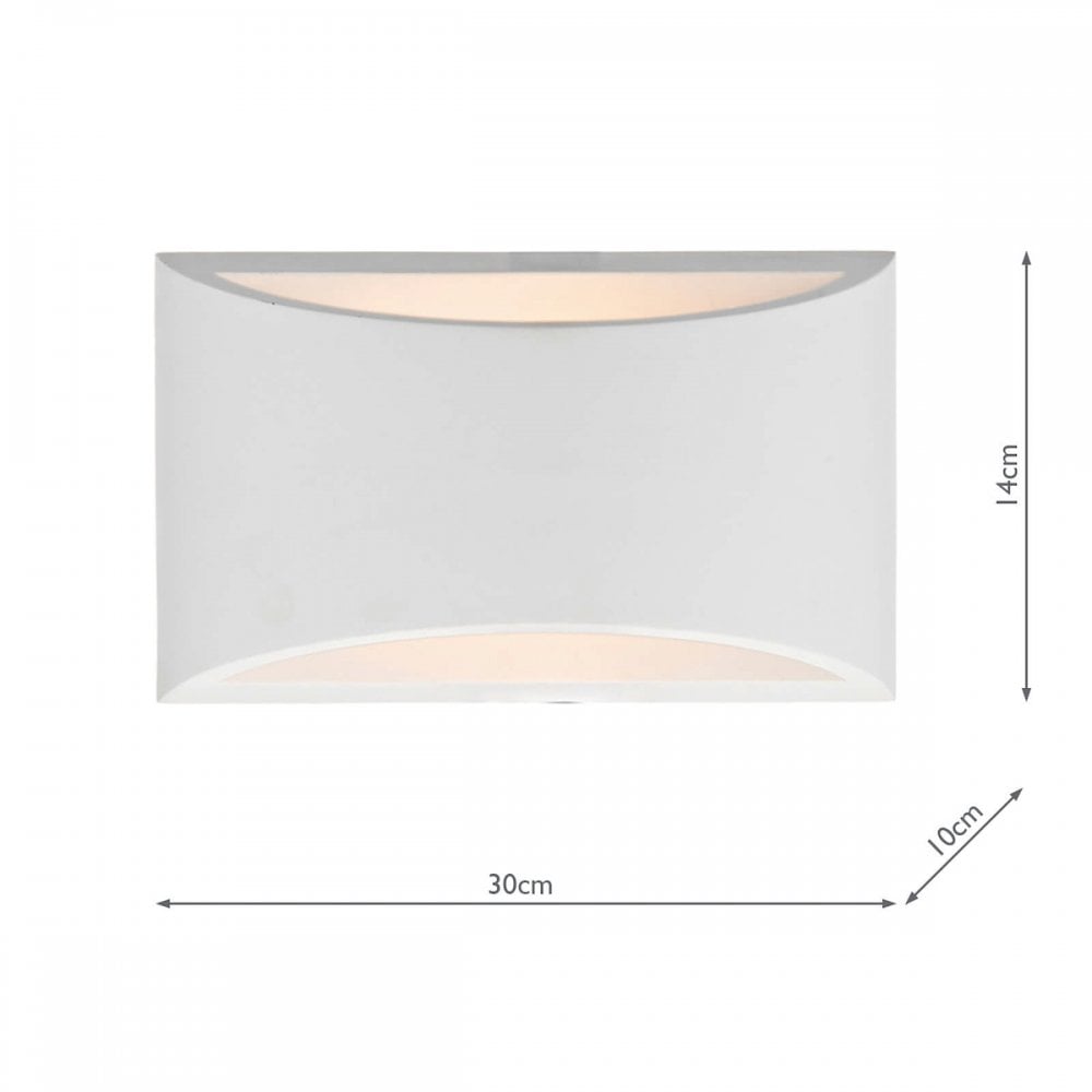 A white wall sconce with light, displaying dimensions of 30cm length and 14cm height.