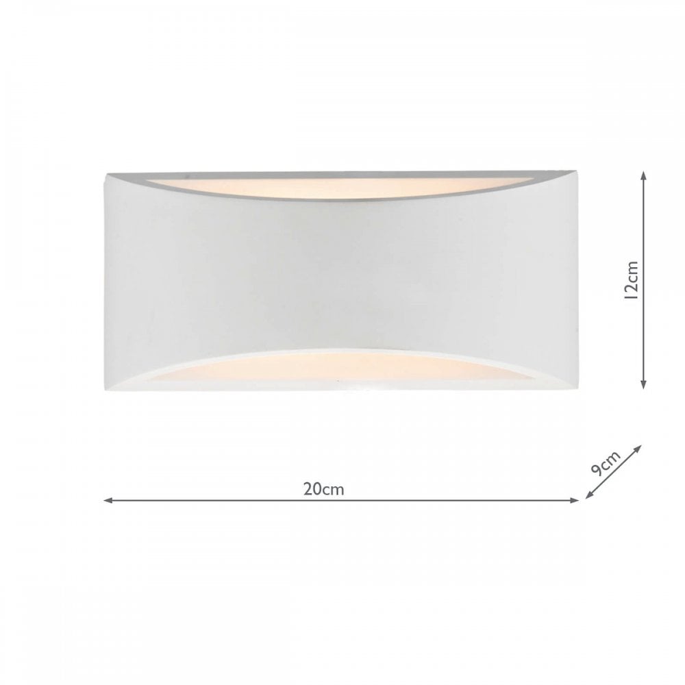 A white, curved wall light with dimensions: 20cm width, 12cm height, and 9cm depth.