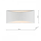 A white, curved wall light with dimensions: 20cm width, 12cm height, and 9cm depth.