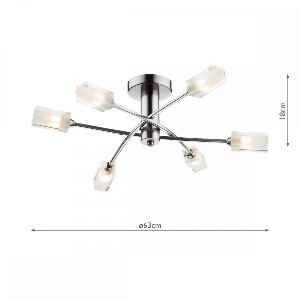 A modern chrome ceiling light with six frosted glass shades and dimensions.