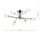 A modern chrome ceiling light with six frosted glass shades and dimensions.