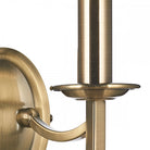 Close-up of the right side of a brass twin wall light fixture.