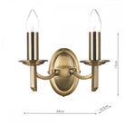 Brass twin wall light fixture with dimensions of 24cm width and 17cm height.