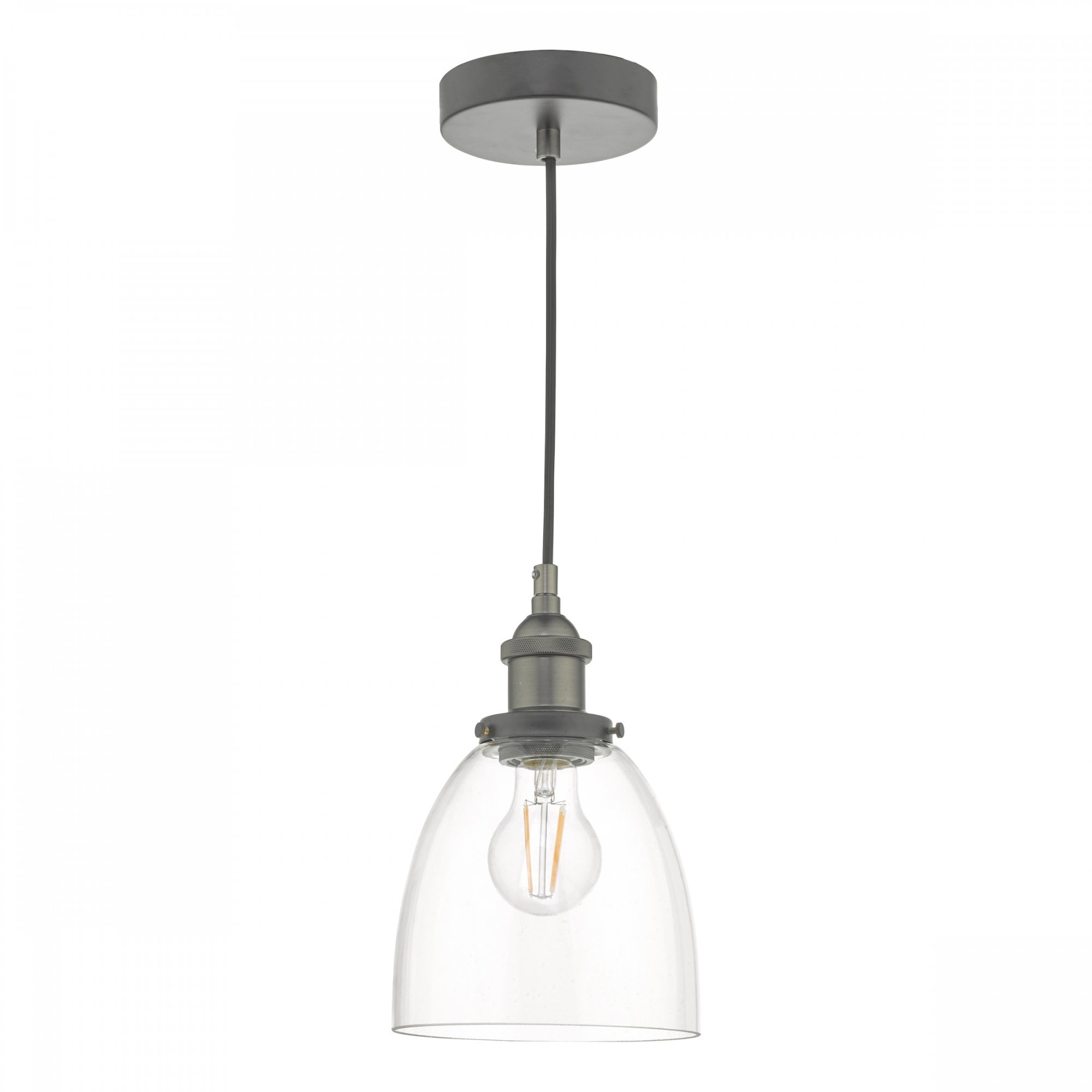 A glass and grey pendant light with a clear bell-shaped shade and an exposed bulb.