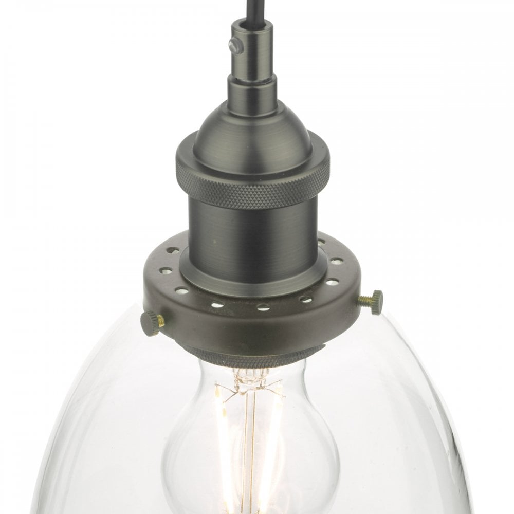 Close-up of the grey metal fitting and a clear bell-shaped glass shade with a visible bulb.