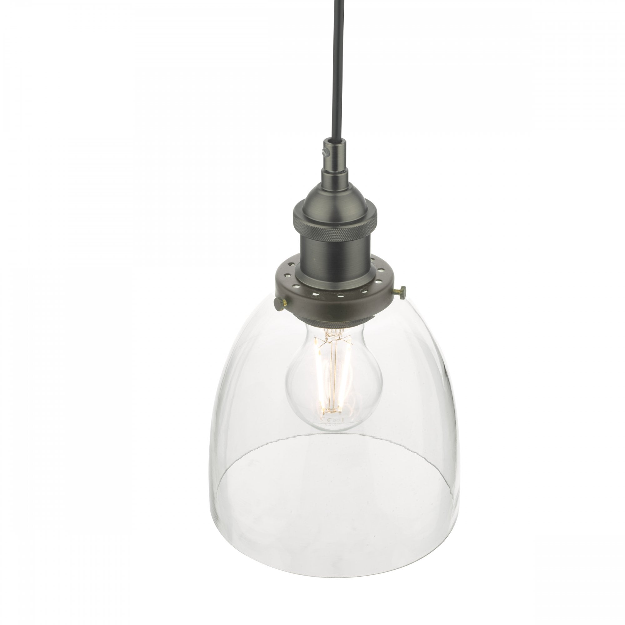 A glass and grey pendant light with a clear bell-shaped shade and an exposed bulb.